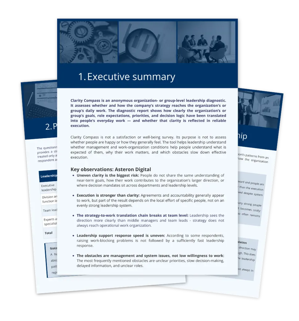 Clarity Compass sample report mockup showing the Executive Summary in front, with Participant Overview and Expert View for Leadership pages behind.